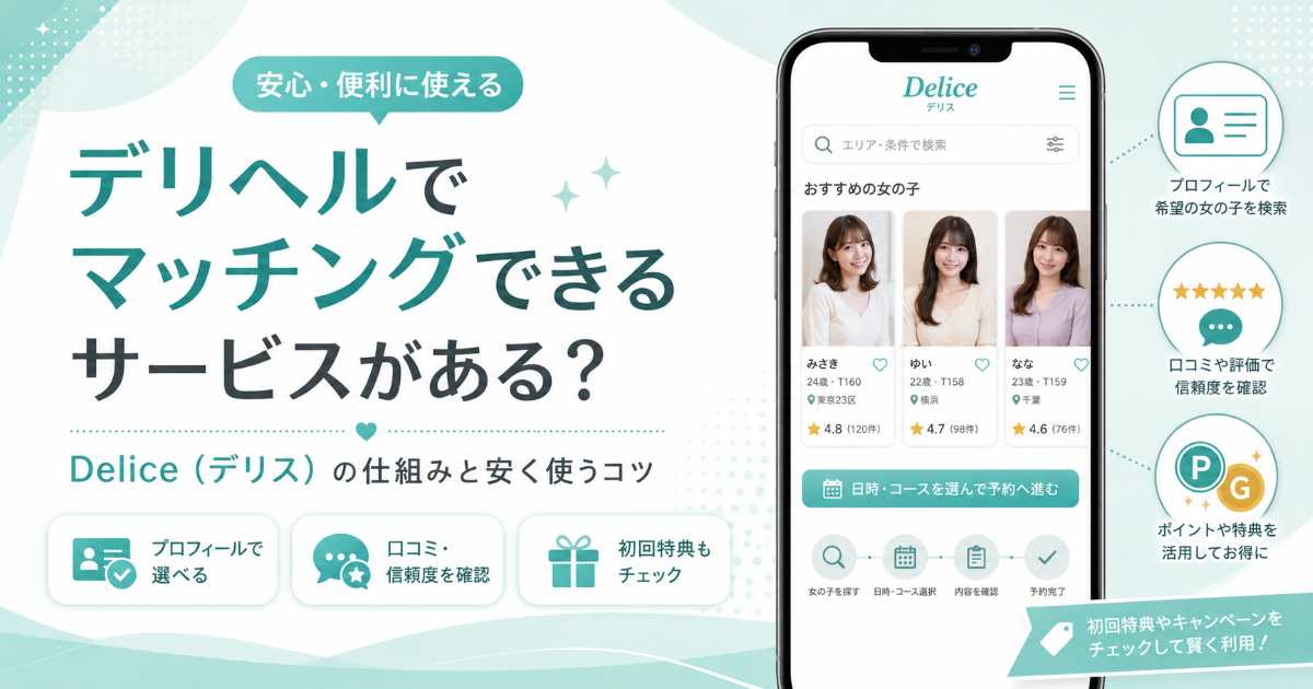 Deliceで女性プロフィールや口コミを見ながら探せる仕組みを説明するアイキャッチ画像