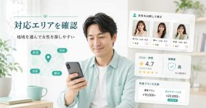 Delice(デリス)で対応エリアを確認しながら女性を探すイメージの挿絵