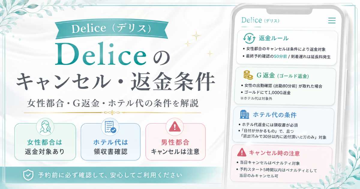 Deliceのキャンセル・返金条件やホテル代の条件、G返金の注意点を解説するアイキャッチ画像