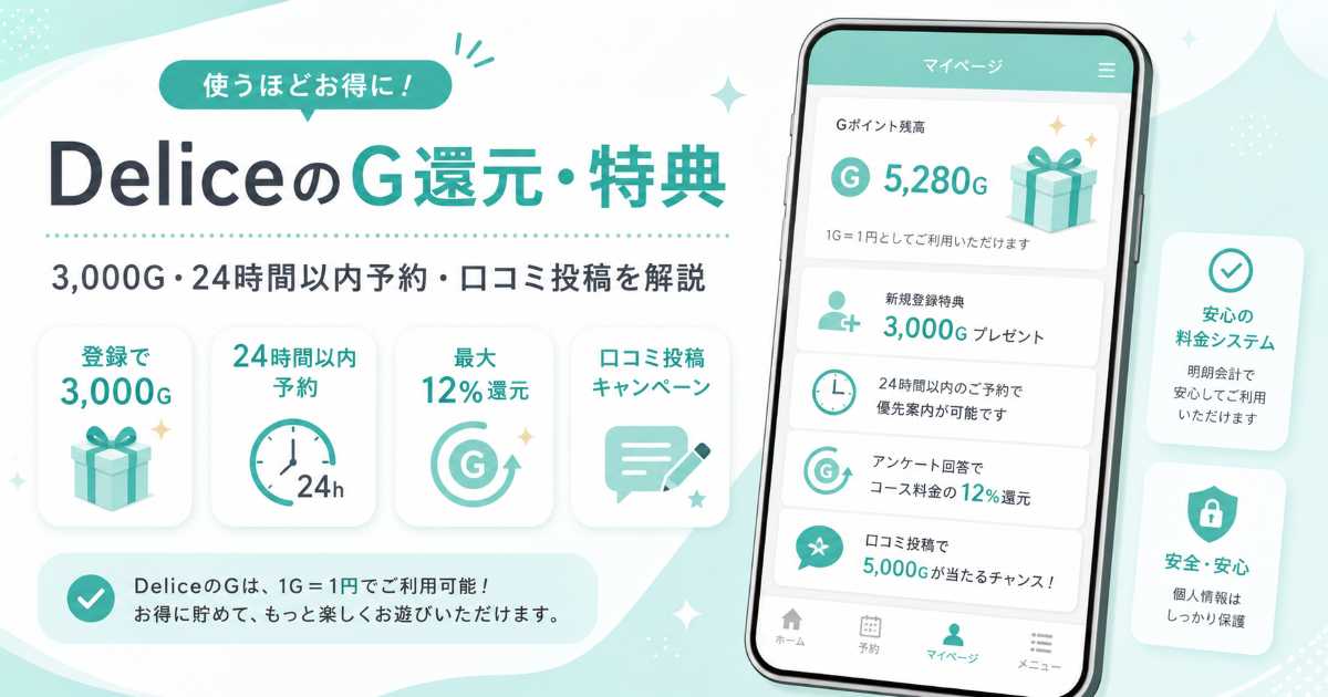 DeliceのG還元や特典について、3,000G・24時間以内予約・口コミ投稿のポイントをまとめたアイキャッチ画像 冒頭挿絵
