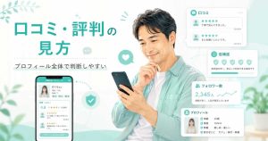 Deliceの女性プロフィールを見ながら口コミ・信頼度・フォロワー数を確認する男性の挿絵