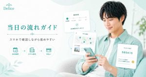 Deliceの当日確認やホテル設定、支払いの流れをスマホで確認しているイメージ画像