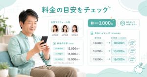 Delice（デリス）の料金目安とG利用後の支払いイメージをスマホで確認する男性の挿絵
