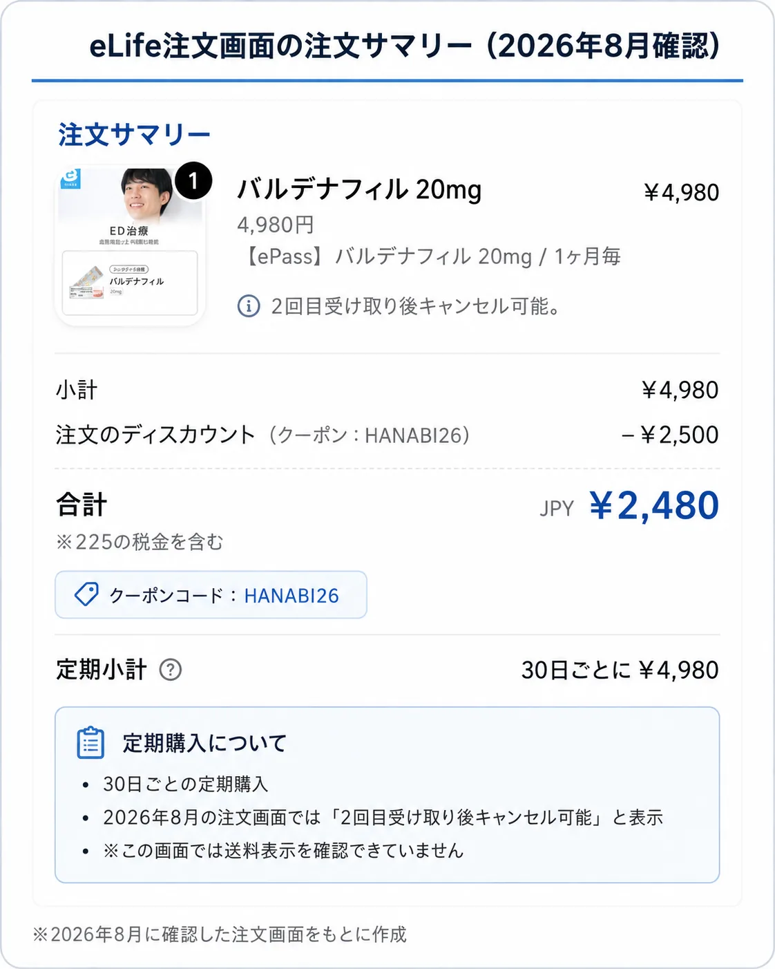 eLifeのLINEクーポン2,500円OFFを適用した注文サマリー